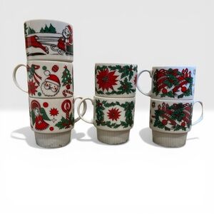 7 Vintage Stackable Christmas Mugs Japan 3.5" tall Porcelain Santa, Reindeer
